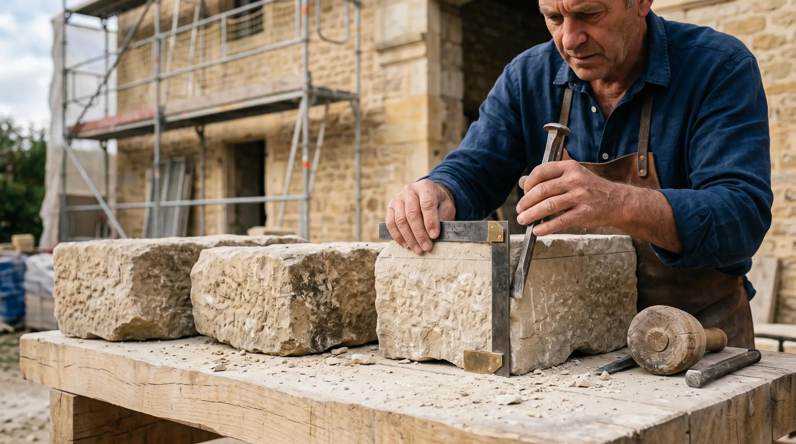 Gros plan sur blocs de pierre de taille ancienne (calcaire) sur établi de chantier de restauration patrimoniale, outils traditionnels de tailleur de pierre (massettes, ciseaux, équerre), mains d'artisan expérimenté mesurant une pierre, contexte chantier authentique avec poussière calcaire.
