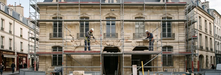 Échafaudage métallique installé contre la façade en pierre de taille d'un monument historique français en cours de rénovation, deux ouvriers spécialisés en équipement de sécurité restaurent la maçonnerie ancienne à mi-hauteur, palettes de pierres d'époque et mortier à la chaux au sol, contexte urbain patrimonial français authentique.