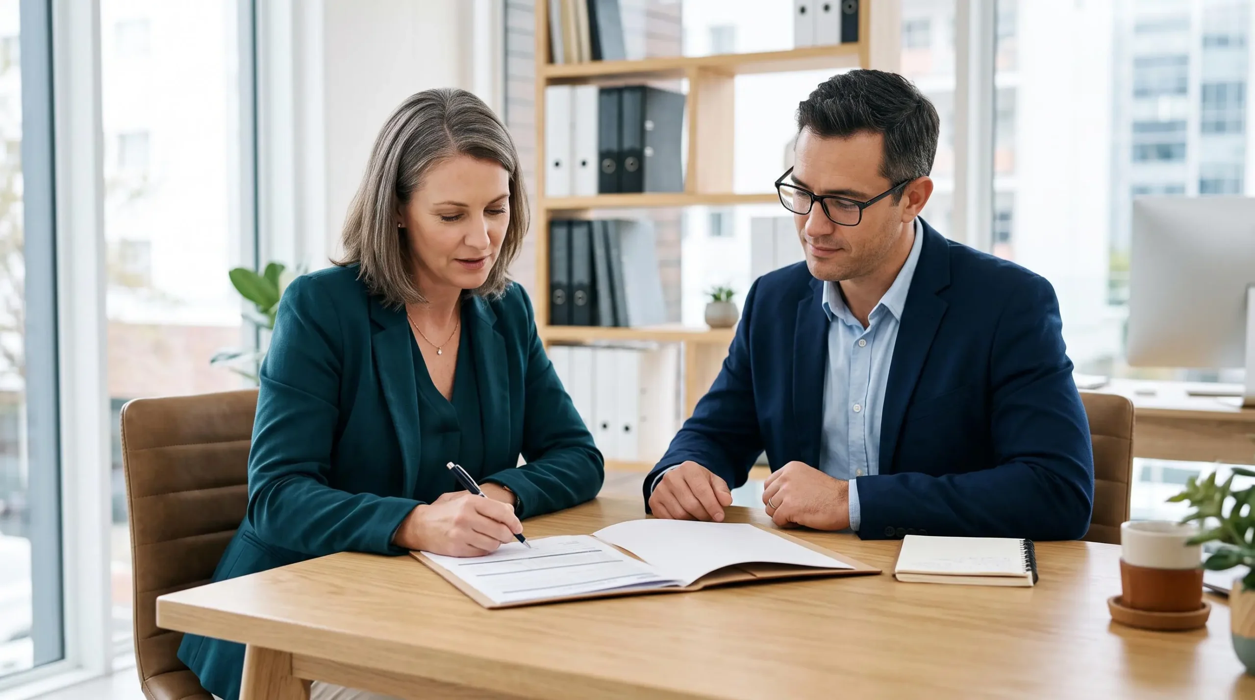 Maître d'ouvrage et courtier spécialisé en assurance patrimoine assis face à face dans un bureau contemporain, contrat d'assurance construction ouvert sur table, stylo en main en position de signature, regards dirigés vers le document, ambiance professionnelle confiante et lumineuse.
